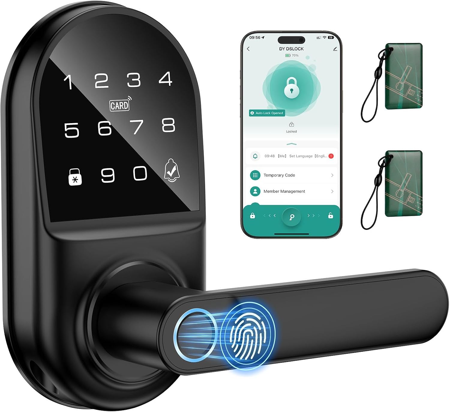 Smart keypad Door Lock with Handle,Fingerprint Keyless Entry Digital Lock with Built-in doorbell for Front Door,Bedroom,biometric Door knob, APP Control