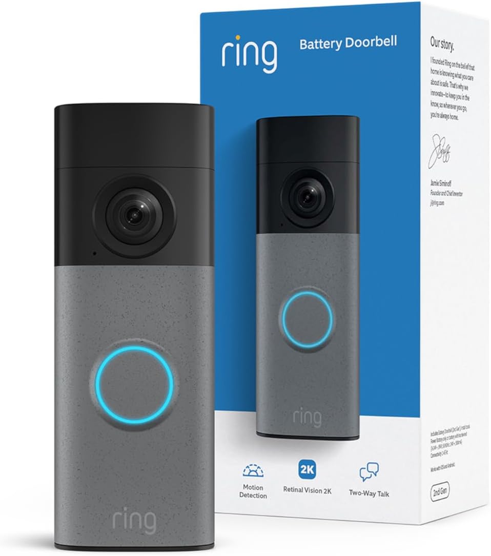 Ring Battery Doorbell 2K (newest model) Retinal 2K with wide-angle video, up to 6x Enhanced Zoom, Two-Way Talk, and Built-In Battery, Speckled Gray