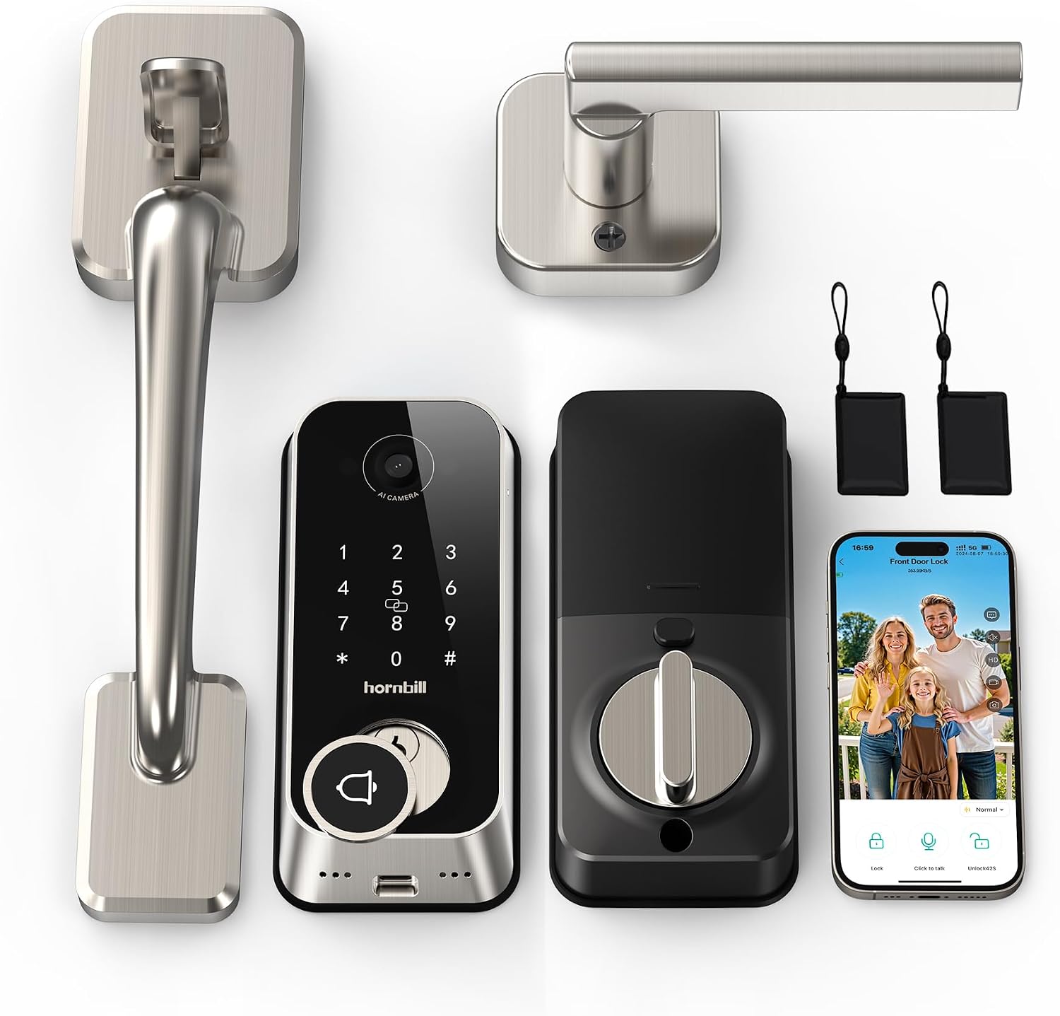 Smart Front Door Lock Sets: 2K HD Camera Lock with Doorbell Kits, Hornbill Fingerprint Keyless Entry Door Lock with Handles, WiFi Deadbolt (only 2.4G) for Remote Control, Auto Lock, Satin Nickel