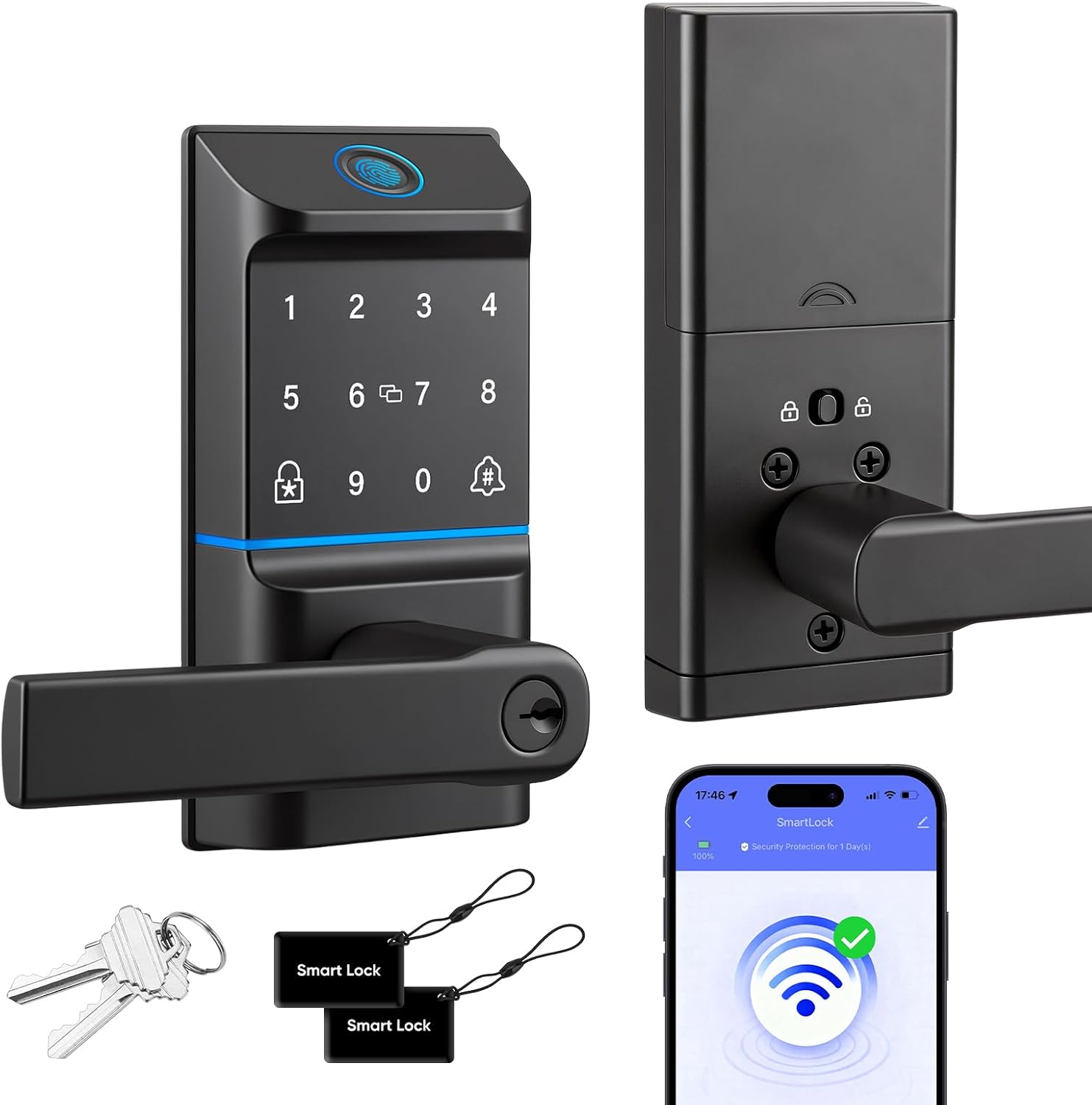 WiFi Smart Keypad Door Lock with Handle, 6 Ways Unlock with Doorbell Knob