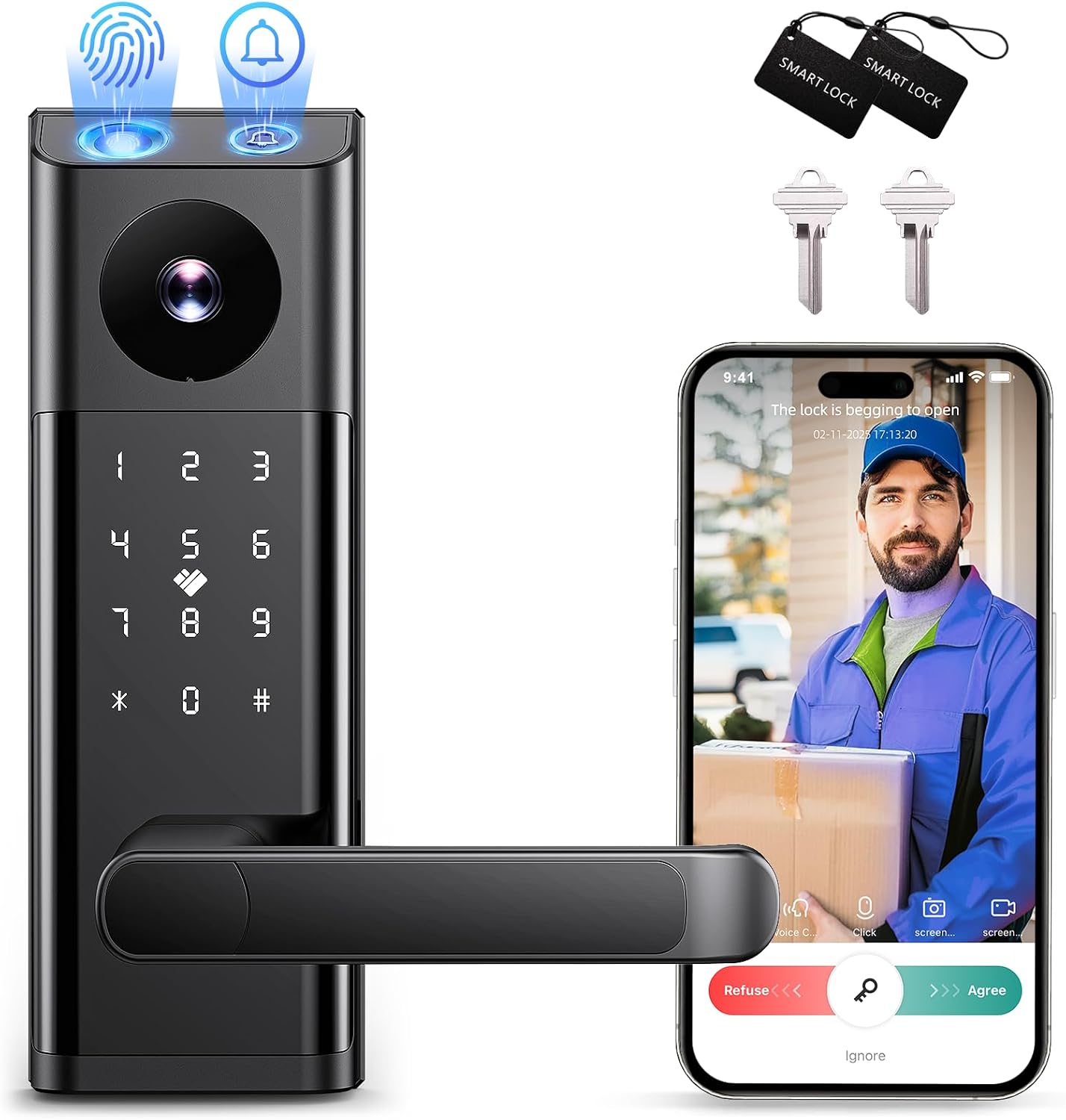 Smart Lock with Camera &amp; Doorbell, 3-in-1 Keyless Entry Door Lock with Handle, Built-in WiFi Camera Smart Lock for Front Door, Fingerprint, Keypad Code, App Control, Auto Lock
